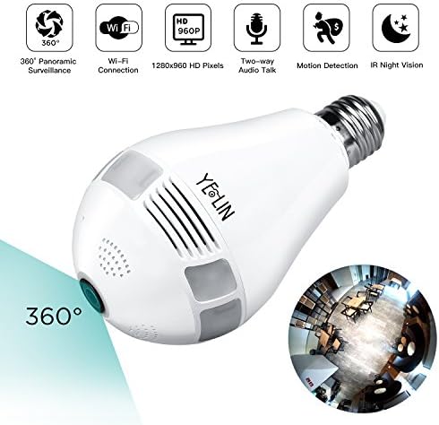 YELIN Security Camera WIFI 960P HD 360 Degree Wireless Panoramic IP Camera, Bulb Camera with LED Light Night Vision Motion Detection Support SD Card for Home Office