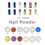 ALIVER Nail Art Glitter Powder Dust Mirror Chrome Effect Dust Shinning Art DIY Magic Holographic Pigment Set with Sponge Stick 12 Colors … (12 colors)