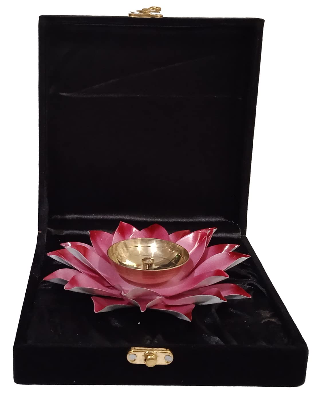 Purpledip Metal Diya Deepak Rose: Festival Oil Lamp Deepam Decor in Classy Velvet Chenille Gift Box (12596)