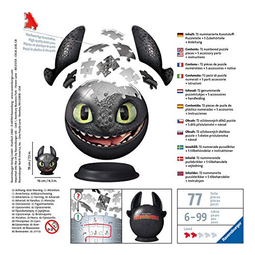 Ravensburger 3D Puzzle 11145 - Puzzle-Ball Dragons Ohnezahn mit Ohren - Puzzleball für Fans von Drachenzähmen leicht gemacht - Geschenkidee für Kinder ab 6 Jahren – Bild 2