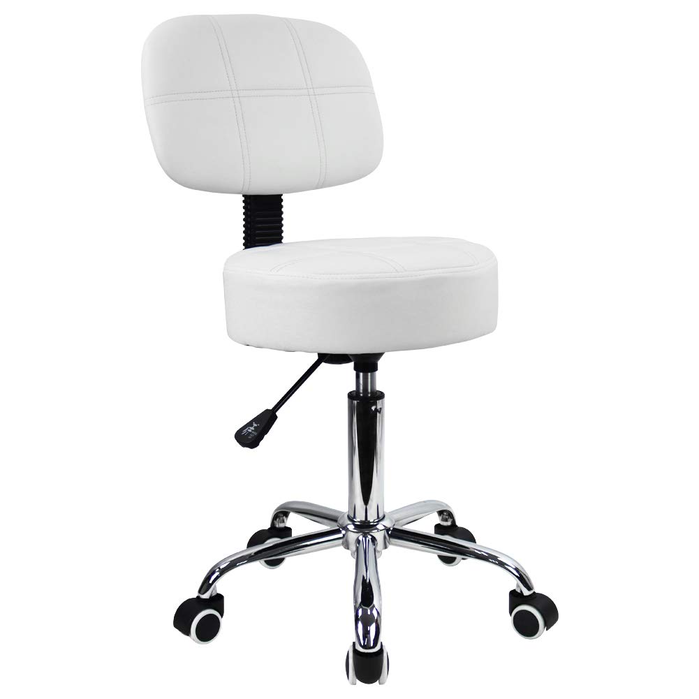 KKTONER Round Rolling Stool with Back PU Leather Height Adjustable Swivel Drafting Work SPA Salon Stools Chair with Wheels (White)