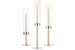 Nuptio Gold Candlestick Holder Tall Hurricane Candle Holder Set of 3 Taper Candle Holders Candle Stand Glass Cover Candlesticks Holders Table Centerpiece for Wedding Party Birthday Christmas Decor