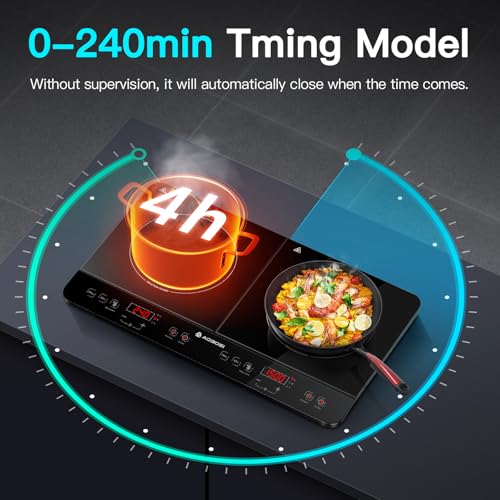 Aobosi Double Induction hob,Induction Cooker with Portable Black Glass Plate, Independent Control,One-click Max and Min Power Control 2800W,20 Temperature Setting[Upgrade],Safety Lock,4-Hour Timer