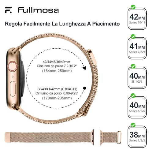Fullmosa Metal Strap Compatible with Apple Watch 42 mm Series 11 10 41 mm 40 mm 38 mm for Women Men, Milanese Mesh Steel Straps for iWatch SE3 2 1 Series 11 10 9 8 7 6 5 4 3 2 1, Rose Gold