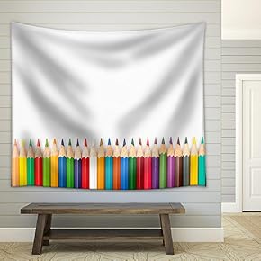Pattern of Color Pencils Isolated on White Background Close Up - Fabric Wall Tapestry Home Decor - 51x60 inches