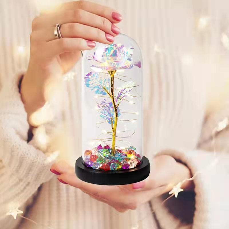 AIMOOYI Glass Rose Flower Gift for Women, Forever Galaxy Rose in Glass Dome with I Love You Necklace for Her, Crystal Rose Light Up Flower Decoration for Mom,Valentine\'s Day, Birthday,Anniversary