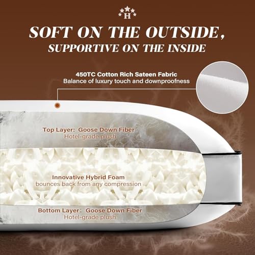 AQUZIN Goose Feather Down Pillow King Size Set of 2, Down Surrounded Hotel Collection Bed Pillows for Sleeping with Gusset, 2 Pack, Fluffy Plush for Side, Back Sleepers 20x36 in.