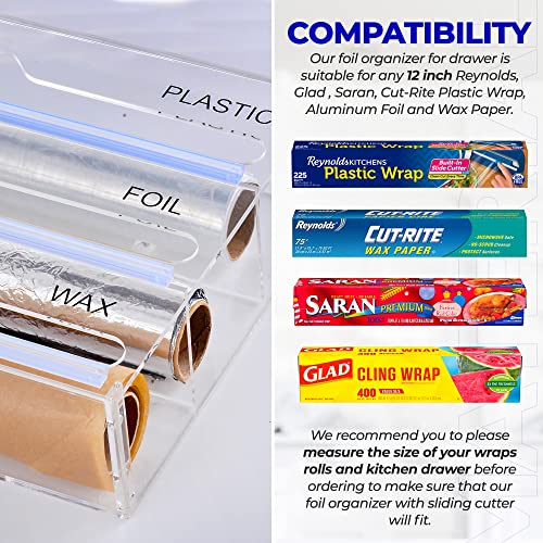 YOC Wrap Dispenser, Clear Acrylic Foil, Wax Organizer with Slide Cutter, Suitable for Wall Mounting or Kitchen Drawer, Compatible with 12 Inch Rolls (3 in 1 Wrap Dispenser)