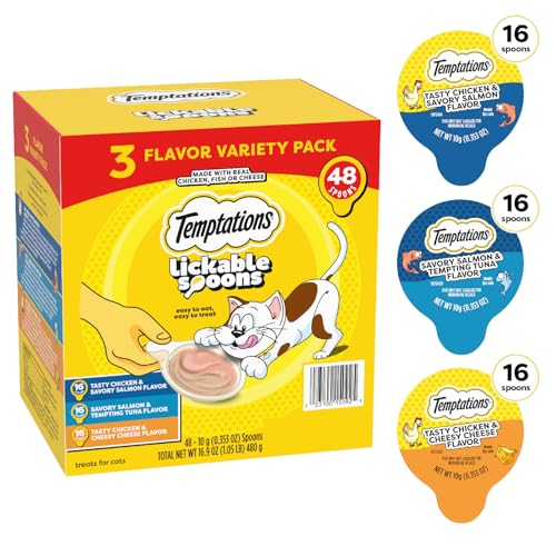 TEMPTATIONS LICKABLE SPOONS, SOFT LICKABLE CAT TREATS, ADULT WET CAT TREATS, VARIETY PACK, 48 SPOONS