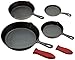 Crucible Cookware Cast Iron Skillets, Set Of 4 (Pre-seasoned) 10 Inch - 5.1 Inch, Including Large & Small Silicone Hot Handle Holders | Indoor & Outdoor Use