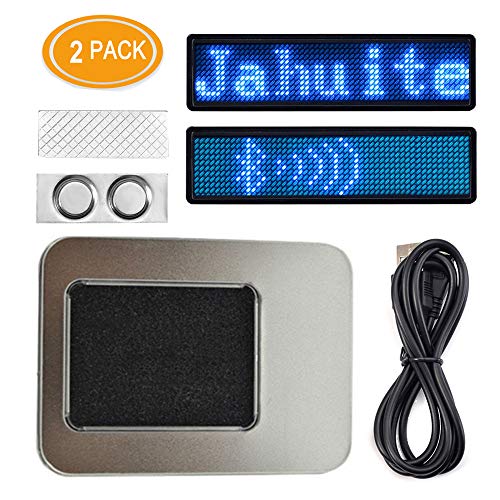 JAHUITE LED Name Tag 2-Packs Rechargable Cellphone Programmable with Magnet/Pin Mount Business Sign Advertising Board Display Wireless Bluetooth Name Badge (Blue)