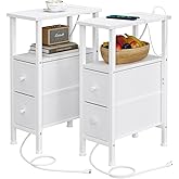 VIMBER 2 Set Narrow Side Table for Small Spaces, Skinny End Table with Charging Station, Sofa Beside Table with 2 Drawers 1 Open Compartment, Slim Nightstand with USB Ports Outlet, White UTBT005W2V2