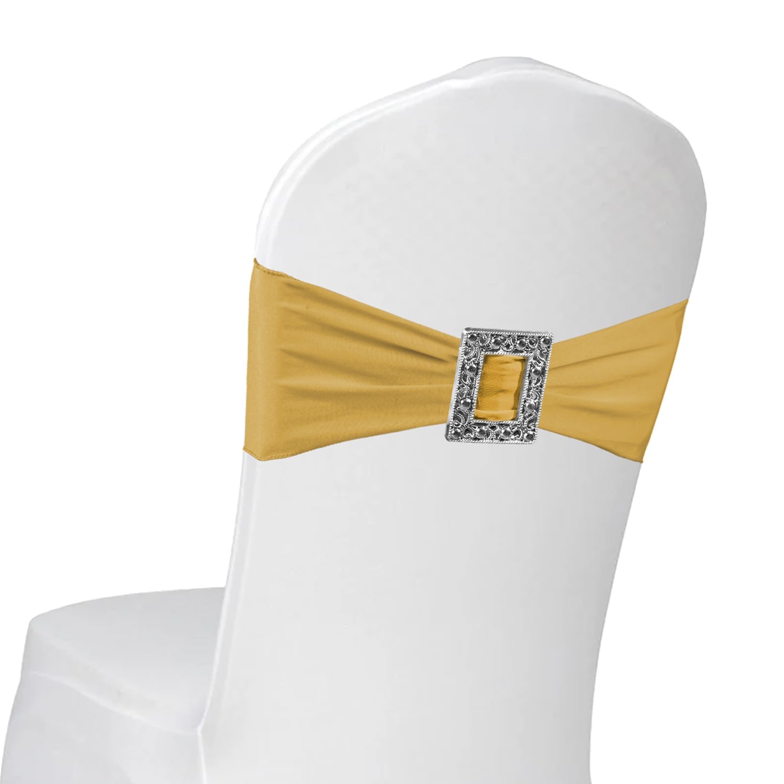Photo 1 of 100 Pack Spandex Chair Sashes Bows, Elastic Stretch Chair Cover Bands Ties Dining Chair Slipcovers with Buckle Slider for Wedding Party Banquet Restaurant Baby Shower Decorations (Gold)