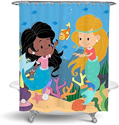 Mermaid Shower Curtain for Kids Bathroom Decor with Little Mermaid Cartoon Girls in Pink and Blue Fairytale Fish Sea Setting Free Hooks 70X72 inches Polyester Fabric Water Resistant Metal Grommets