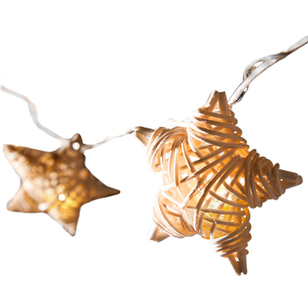 Blaze On Wicker Star Fairy Lights (Natural Cream) – 20 Warm White LED Lights – Hand-Woven Wicker Stars Made from Natural Rattan – USB Powered with UK 3-Pin Adapter – Indoor Decorative String Lights