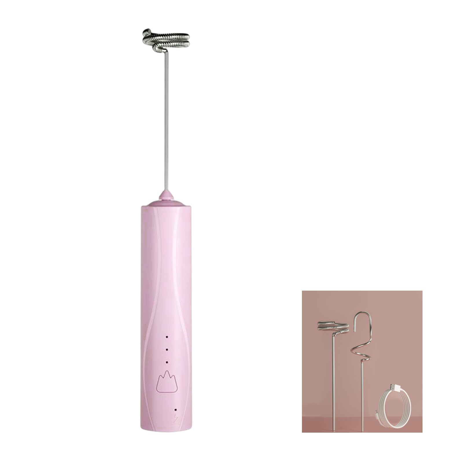 Jiakalamo Milk Frother Handheld, 3-Speedmilk Frother Rechargeable with 2 Interchangeable Mixing Heads, Suitable for Eggs Beating, Latte Coffee, Milkshake, Chocolate (Pink)