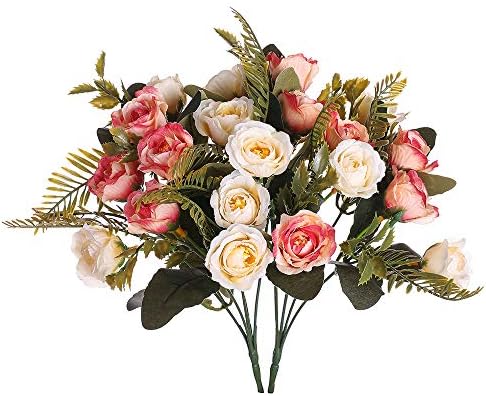 Aurdo Artificial Flowers, Fake Silk Vintage Rose Flowers Bouquet for Room, Kitchen, Garden, Wedding, Party Decor (2 Pack) (Beige)