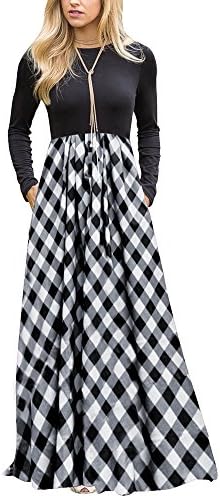 LEANI Women's Long Sleeve Plaid High Waist Floor Length Pleated Maxi Dress With Pockets