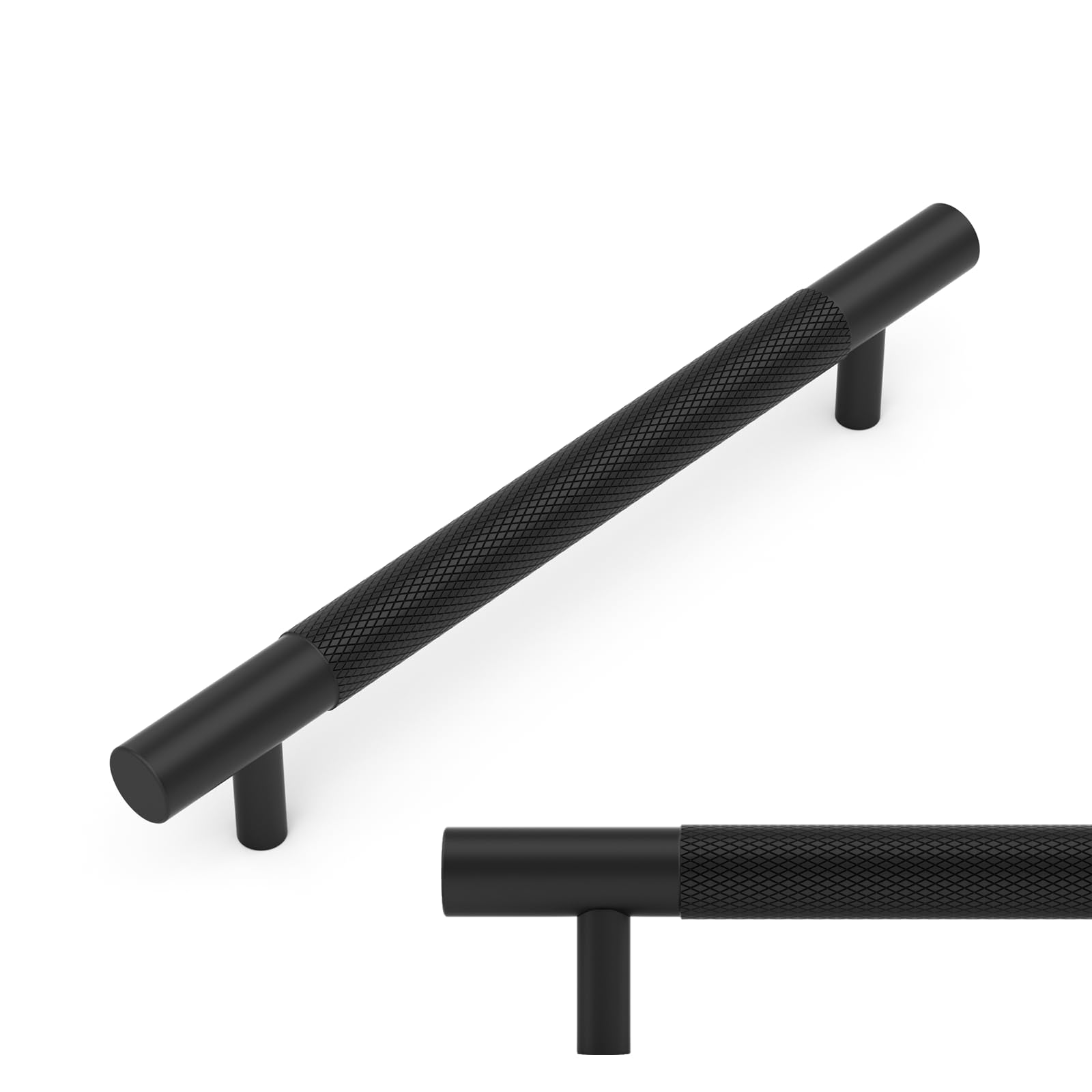 LONTAN 10 Pack Black Kitchen Cupboard Handles 128mm Hole Center Knurled Black Kitchen Cabinet Handle Aluminium Alloy