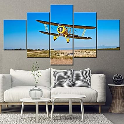 GCKJ 5 Panel Canvas Wall Art Yellow retro biplane against blue sky 40