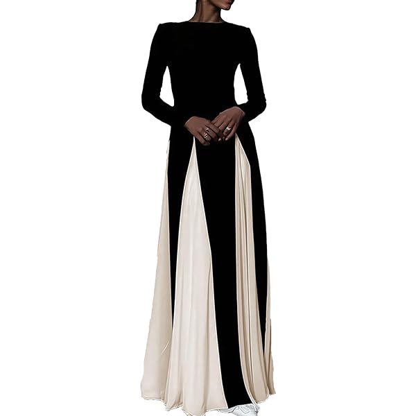 NUFIWI Women Long Sleeve Color Block Maxi Dress High Waist