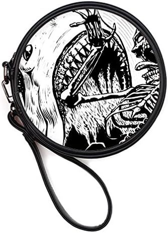 JIUDUIDODO A Skull is Getting out of A Shark Black and White Style PU Leather Round Makeup Bag Handbag Bag for Cash Credit Card Coins