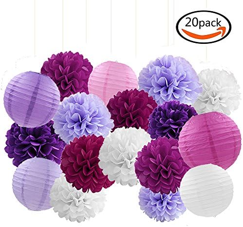 SERONLINE 20 Purple Lavender Paper Pom Poms and Paper Lanterns, for Wedding and Party Decorations