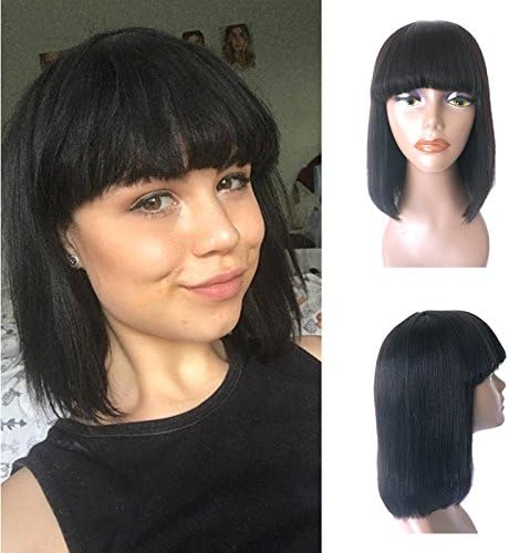 Enoya Human Hair Bob Wigs with Bangs Brazilian Yaki Machine Made Glueless Short Wigs (12" Color#1b)