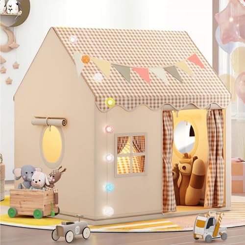 Pomefar Large Kids Tent with LED Lights & Party Decor, Indoor/Outdoor Playhouse for Boys & Girls Ages 3-10, Princess Castle Design for Birthday, Room Decor & Family Gatherings