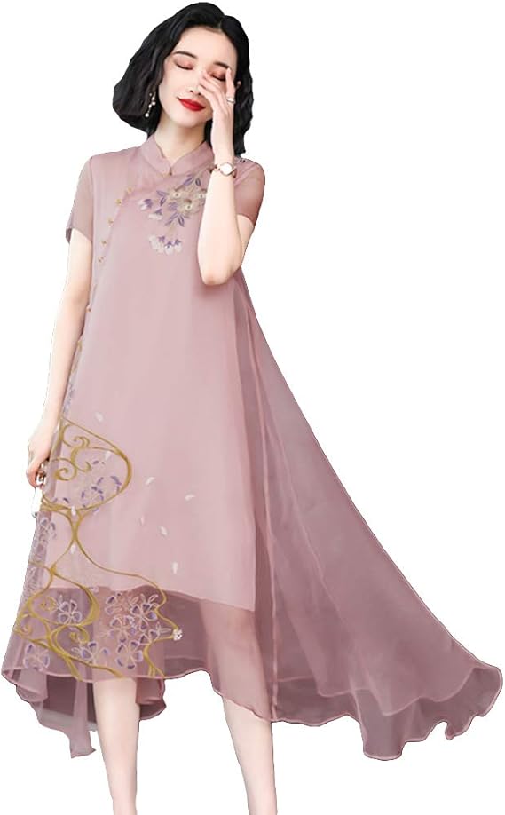 Amazon Co Jp Zuomaレディース 改良したチャイナドレス チュニックワンピース 膝丈 中華風 エレガント シルクタッチ感 偽二枚 インナー付き Aライン 刺繍ドレス おしゃれ 服 ファッション小物