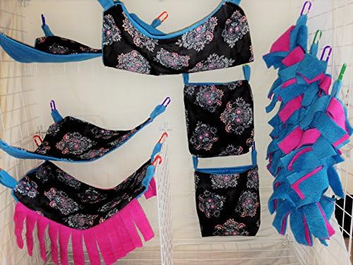 8 Piece Hammock Set For Rats, Sugar Gliders, Ferrets, or Other Small Pets - Featuring Sugar Skull Cotton and Coordinate Fleece