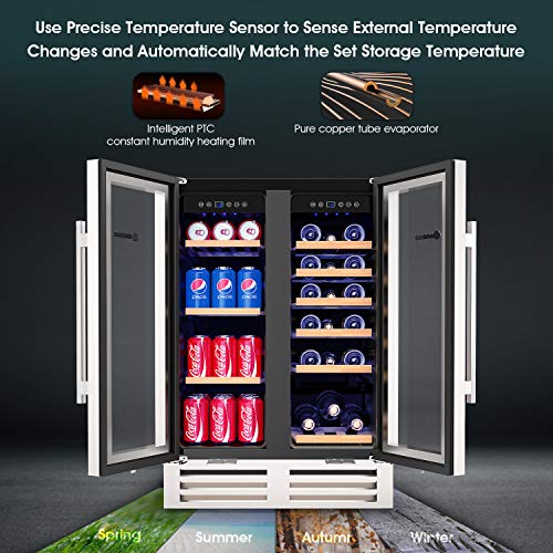 MOOSOO 24 Inch Beverage and Wine Refrigerator, Dual Zone Wine Cooler with Stainless Steel