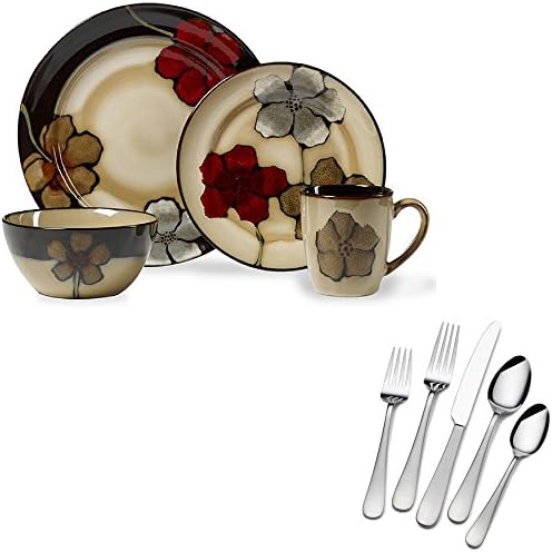 16-Piece Painted Poppies Patterns And Accents Stoneware Dinnerware Set (Service For 4) And 20-Piece Stainless Steel Satin Symmetry Flatware Set (Service For 4)