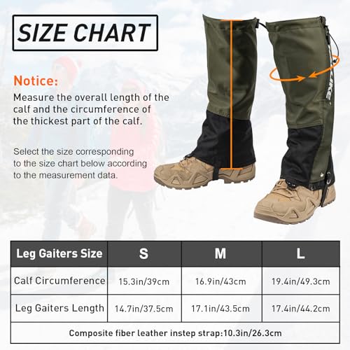 Thallike Leg Gaiters Waterproof for Hiking Hunting, 900D Fabric Portable Boots Snow Gaiters for Mountaineering, Adjustable Walking Leg Gaiters with Upgraded Zipper for Men/Women, Green, L