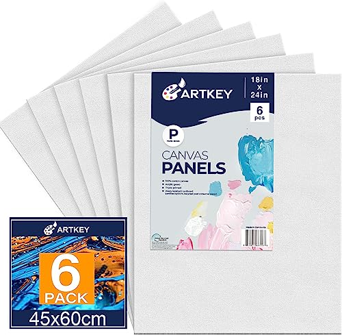 Artkey Canvas Panels 18x24 Inch 6-Pack, 10 oz Primed 100% Cotton Large Canvases for Painting, White Blank Flat Canvas Boards for Oil Acrylics Watercolor & Tempera Paints