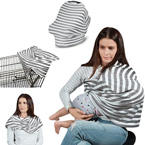 "CLEARANCE SALE!!" Multi-Use Privacy Nursing Breastfeeding Cover by RIBATI (TM) - Car Seat Canopy, Infinity Scarf, High Chair -Stroller - Shopping Cart Covers (Grey &amp; White Stripe)