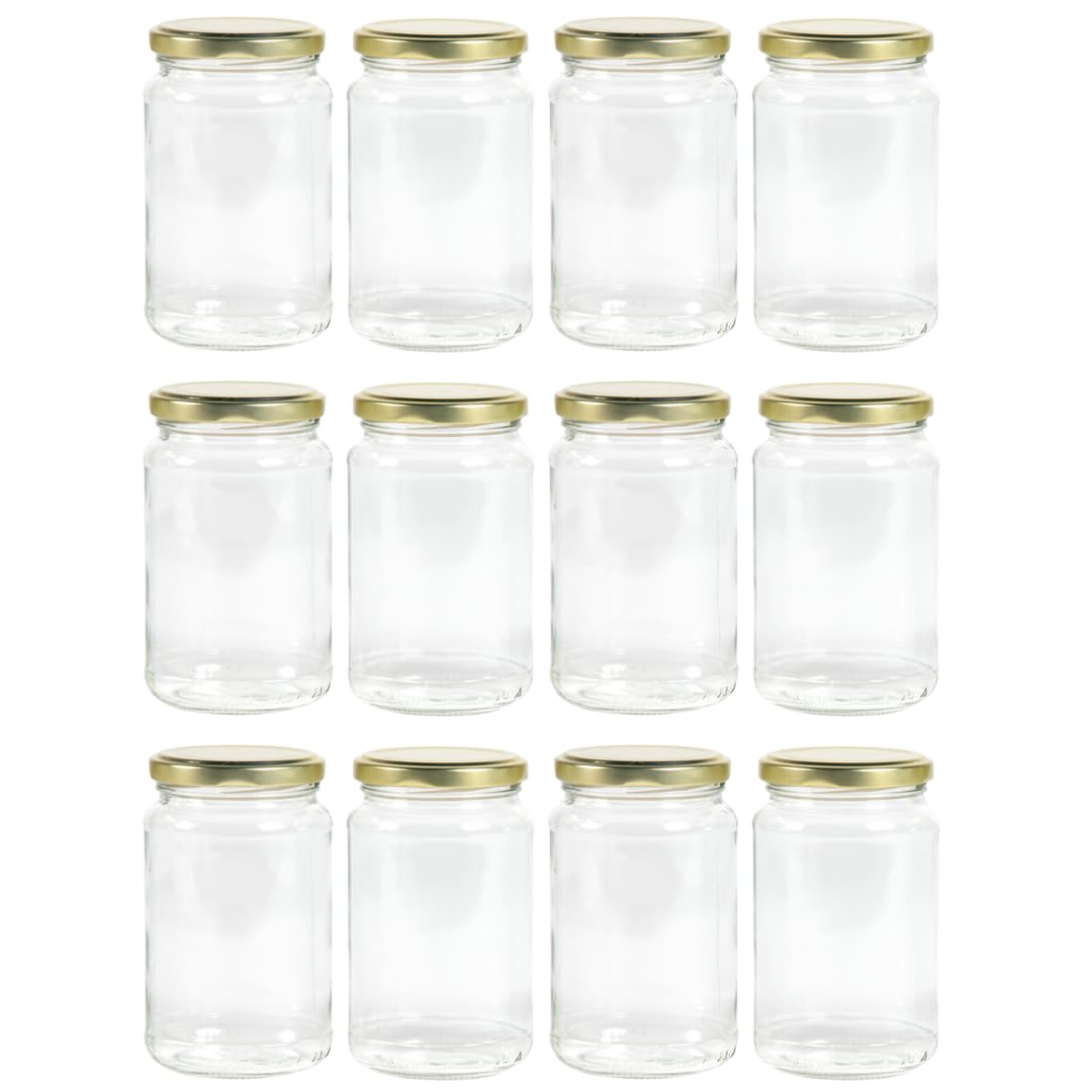 Nutley's 370ml Round Glass Jam Pickle Chutney Jar with Twist-Off Gold Lids 3/4lb (Pack of 12)