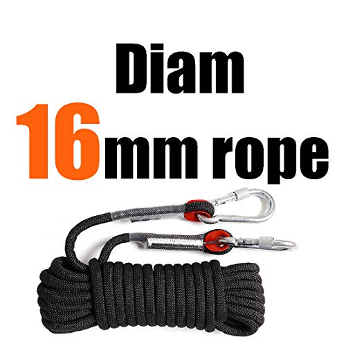 GINEE Outdoor 16mm Static Black Rock Climbing Rope 50FT with Carabiner,Arborist Tree Climbing Gear with Safety Ropes,Magnet Fishing Rope,Rescue Grappling Lifeline Escape Descender Abseiling Rope