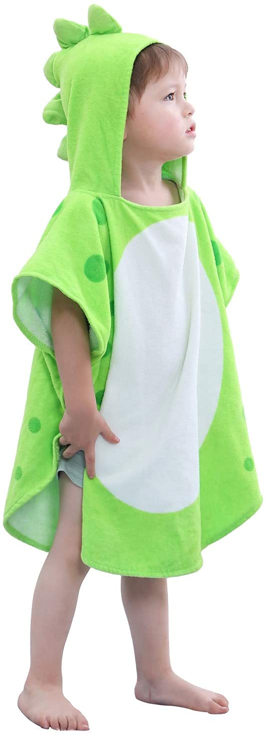 LOLANTA Kids Dinosaur Hooded Bath Towel Beach Towelling Poncho, Cotton Swim Cover-Ups, Boys Swimming Changing Robe (Green B,2-4 Years,Tag Size S)