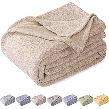 KAWAHOME Knit Blanket Lightweight Warm Fuzzy Heather Jersey Blankets All Season for Couch Sofa Bed King Size 108 X 90 Inches Camel and White