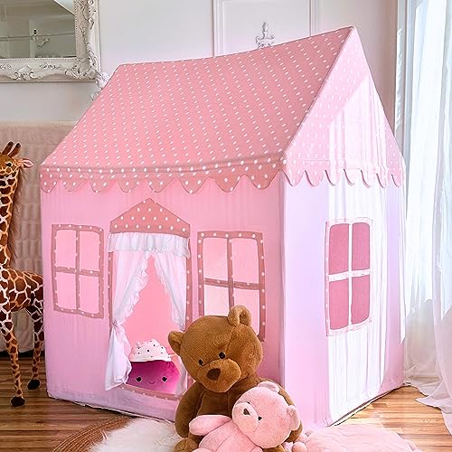 LiCosmo Extra Large Cotton Kids Play Tent 50x43x63 With Mat, Carry Bag, 33ft Lights, 3 Windows, Outside Pocket - Indoor Baby Tent, CPSC Certified