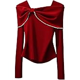 Verdusa Women's Bowknot Fitted T Shirts Long Sleeve Foldover Dressy Tops Elegant Outfits