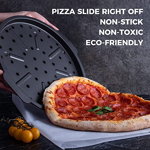HONGBAKE Pizza Pan with Holes 12 Inch, Nonstick Pizza Tray for Oven with Widen Handles, Hot Air
