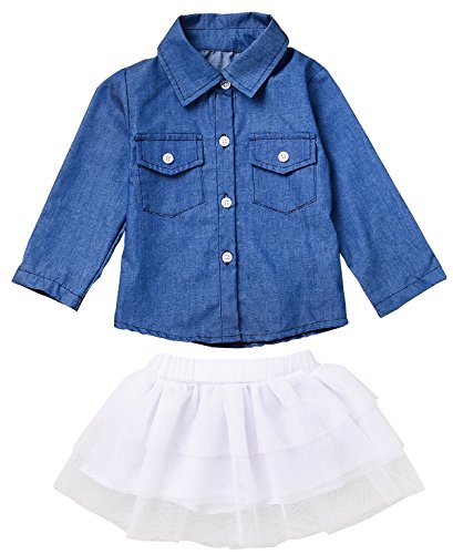 JUSUN 3PCS Baby Girls Long Sleeve Jean Shirt + Tutu Skirts Dress + Headband Outfits Set Clothes