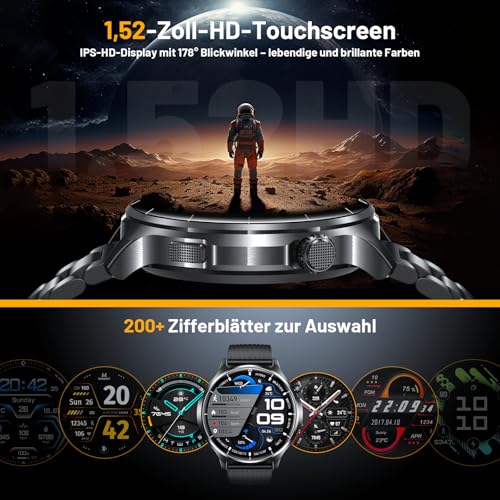 SLOKSFil Smartwatch Men's 1000 mAh Battery/1.52 Inch HD Touch Screen, with Bluetooth Calls/110+ Sports Modes/24H Heart Rate/IP68 Waterproof/Sleep Monitor, Pedometer, Fitness Watch, Android iOS (Black)