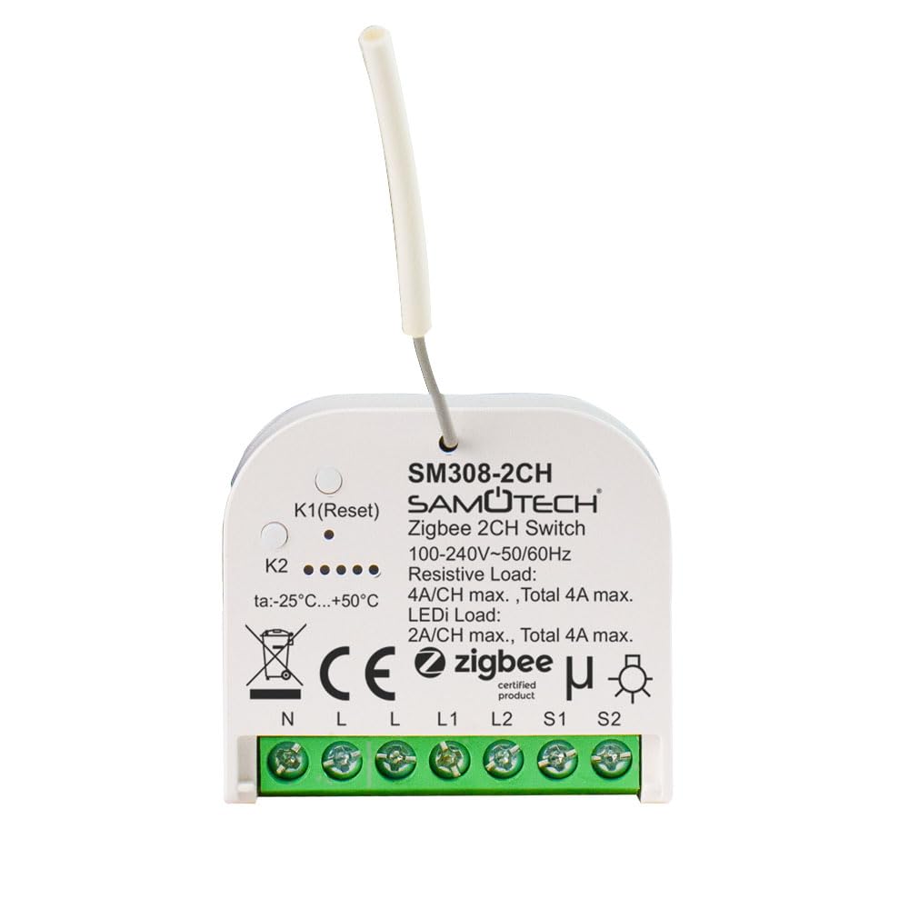 SAMOTECH 2-Channel Zigbee Switch, works with or without a neutral wire. Can be used on its own or with standard on/off light switches. Compatible with Home Assistant and other popular hubs (SM308-2CH)