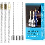 LANMU Wine Bottle Tiki Wicks, Wine Bottle Tiki Wicks Kit,Bottle Light Tiki Torch Kit,Outdoor Torch Wicks Bottle Garden Torch Kit (Pack of 3 Tiki Wicks,3 Brass Mounts and 3 Lamp Covers)