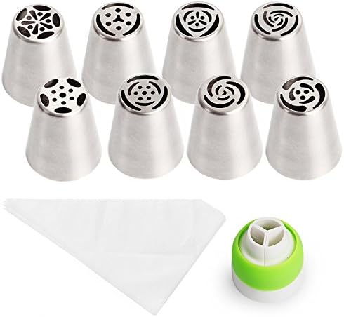 Russian Piping Tips - 8 Tools Set, 12 Bags, Coupler - TOP QUALITY - Icing Nozzles - For Cakes or Cupcakes Decoration - Make Flowers and Leaves