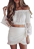 ALAIX Womens Summer Lace Sleeve Chiffon Blouse Off Shoulder Crop Tops Casual T-shirts