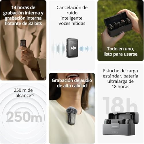 DJI Mic 2 (2 TX + 1 RX + Estojo de carregamento), tudo em um, microfone sem fio, cancelamento de ruído inteligente, gravação interna flutuante de 32 bits, microfone para iPhone e Android